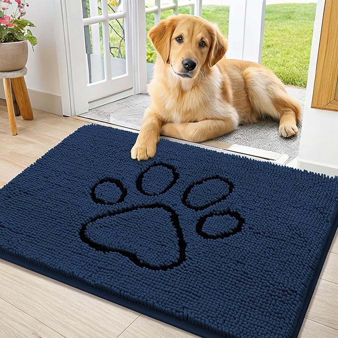 Smiry Dog Door Mat for Muddy Paws, Absorbent Dirt Trapper Non Slip Quick Dry Washable Chenille Mat for Mud Dogs, Entry Rug for Indoor and Outdoor (36x24 Inches, Dark Blue and Black)