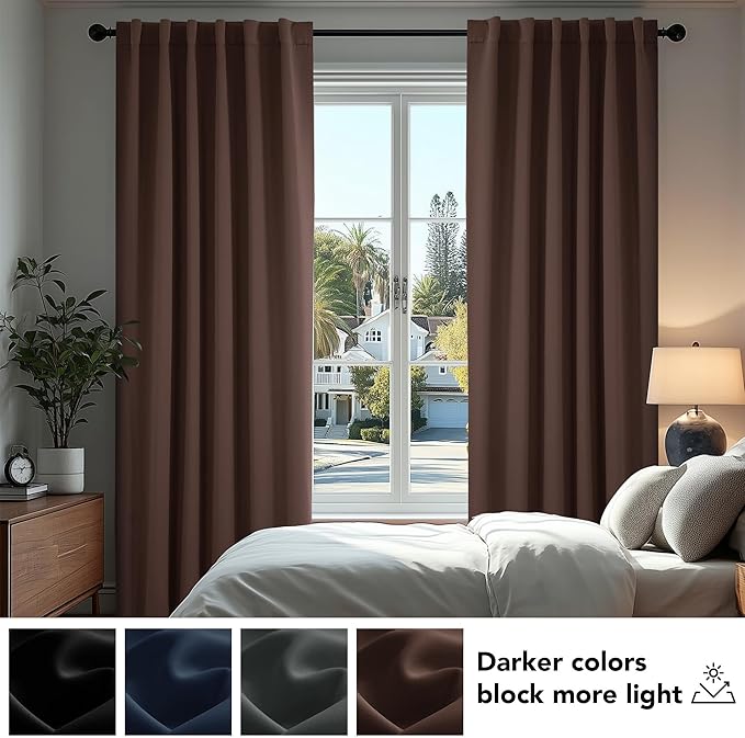 Deconovo Blackout Curtains, Thermal Insulated, W52 x L72 2 Panels, Back Tab, Machine Washable, Room-Darkening Drapes for Bedroom/Living Room Chocolate