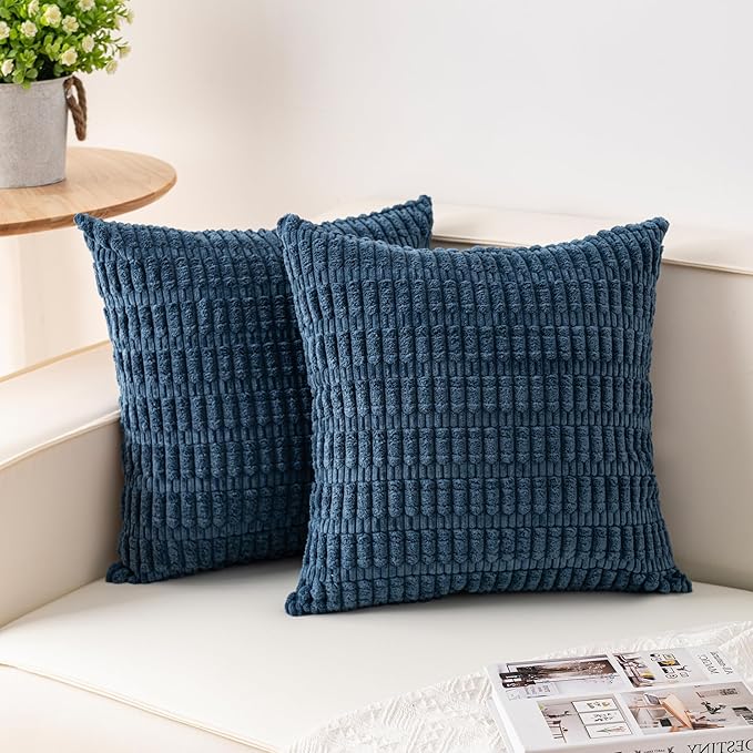 Pack of 2 Corduroy Decorative Throw Pillow Covers 18x18 InchSoft Boho Striped Pillow Covers Modern Farmhouse Home Decor for Sofa Living Room Couch Bed（Teal）