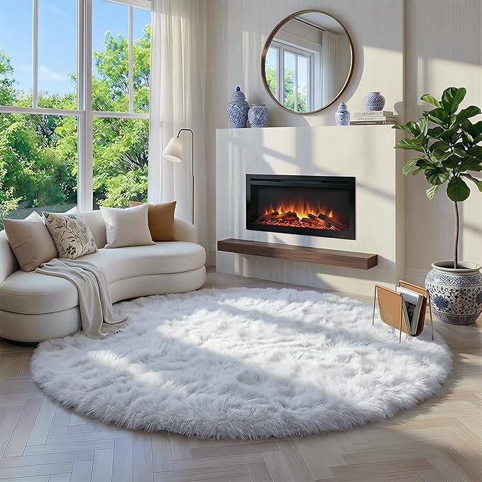 Round Rugs 5Ft White Circle Area Rug, Fluffy Fuzzy Bedroom Carpets for Kids Playroom Home Decor Aesthetic, Plush Soft Shaggy Living Room Rugs for Nursery Dorm Classroom, Modern Cute Shag Furry Carpet