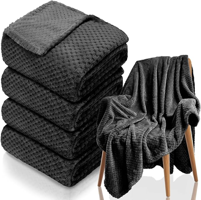 4 Pack Fleece Throw Blankets 50x60 Inches - Oeko-Tex Certified 100, 270 GSM Ultra Soft Plush for Bed, Couch and Cozy Gifts. 3D Waffle Texture, No Shedding No Pilling All Season (Black)