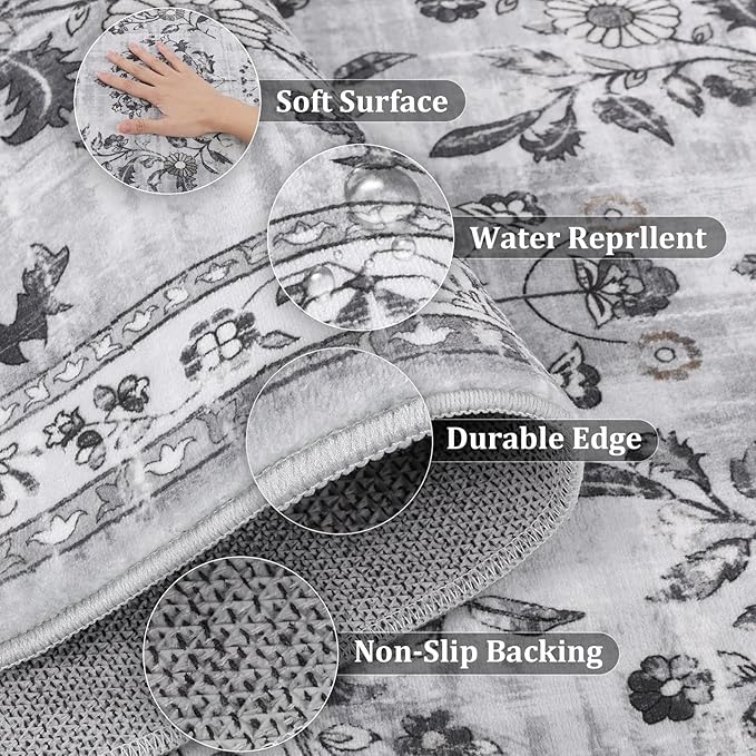 Yamaziot Washable Runner Rug 2x6 – Non Slip Boho Floral Hallway Runner Rug with Rubber Backing, Low Pile Faux Wool Distressed Carpet for Kitchen, Laundry, Bedroom, Entrance, Gray
