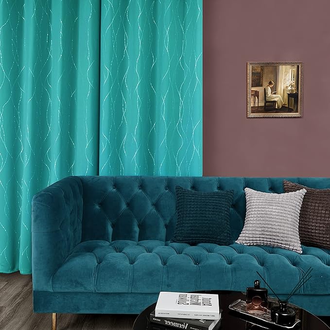 Deconovo Blackout Curtains for Bedroom, Thermal Insulated Soundproof Drapes with Wave Dot Foil Print, 42 x 84 Inch Long, Set of 2, Machine Washable Window Curtain for Living Room Office, Turquoise
