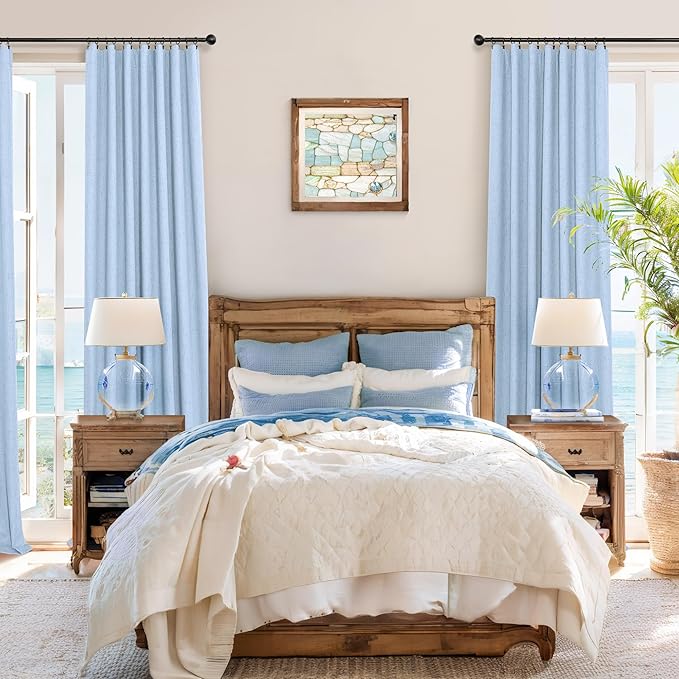 Light Blue Black Out Curtains 96 Inches Long for Living Room 100% Blackout Linen Textured Thermal Window Treatments Grand Millenial Curtain Drapes for Bedroom Modern Farmhouse Decor 96 Length 2 Panels