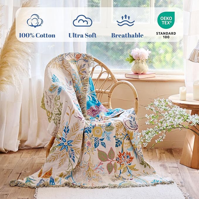 MSGKV Boho Throw Blanket for Couch Cotton Floral Blanket 50"x60" Throws for Sofa Chair Muslin Spring Breathable Lightweight Farmhouse Blankets Home Decor All Seasons