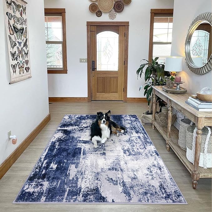KOZYFLY Modern Abstract Area Rugs 5x7 Navy Blue Machine Washable Thin Rug for Bedroom Non-Slip Living Room Rug, Faux Wool Soft Low Pile Office Carpet for Dining Room, Bedroom, Kitchen