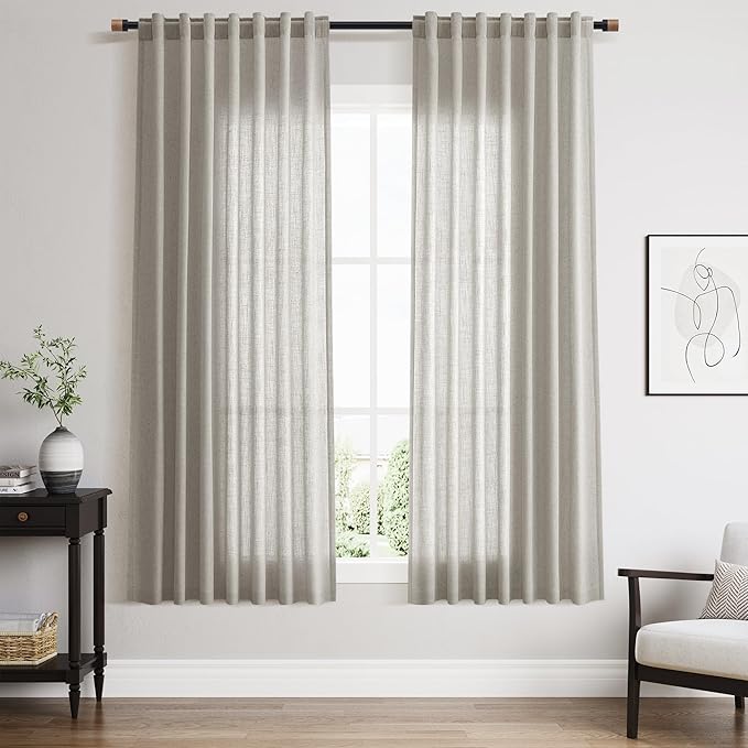 Nanspring Silver Grey Linen Curtains 63 Inches Length 2 Panels Set for Living Room Back Tab Pocket Modern Light Filtering Semi Sheer Drapes Cotton Linen Textured Grey Curtain 52X63 Inches