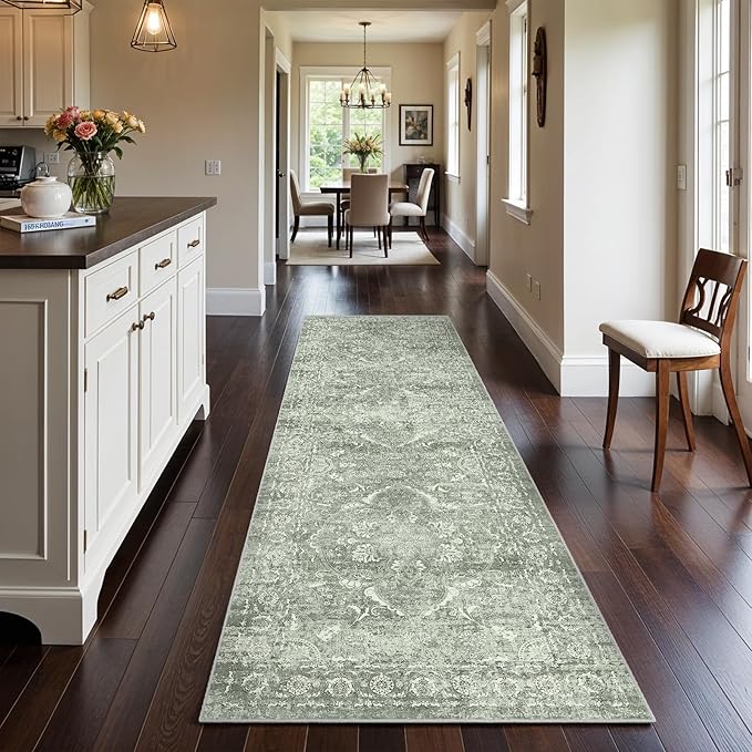 Hallway 3x10 Runner Rug - Vintage Non-Slip Long Rug Low-Pile Washable Medallion Runner Rugs for Hallway Waterproof Traditional Runner Rug Indoor Thin Rug for Kitchen (Muted Sage Green)