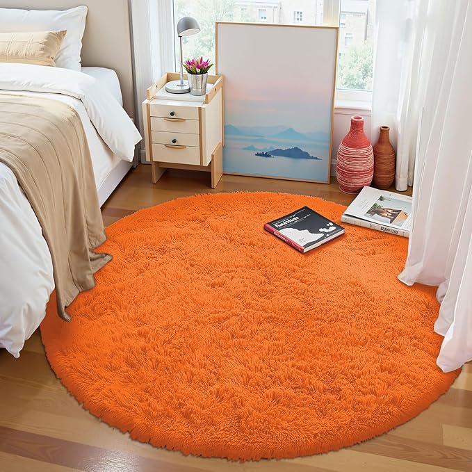 OLANLY Orange Round Rugs for Bedroom - Machine Washable, 4 ft Circle Area Rugs for Living Room, Soft and Fluffy Shaggy Carpet for Teen Girl and Boys, Nursery Rooms, Dorms, Home Decor Aesthetic