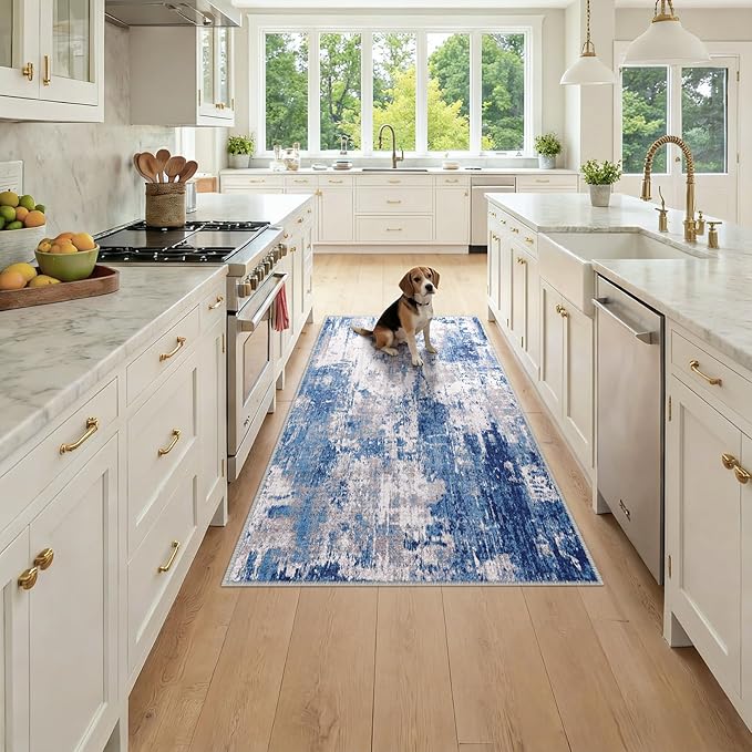 Washable Area Rugs 3x6 Non-Slip Modern Abstract Soft for Living Room Entryway Bedroom Nursery, Print Pattern, Blue Grey Navy Gray