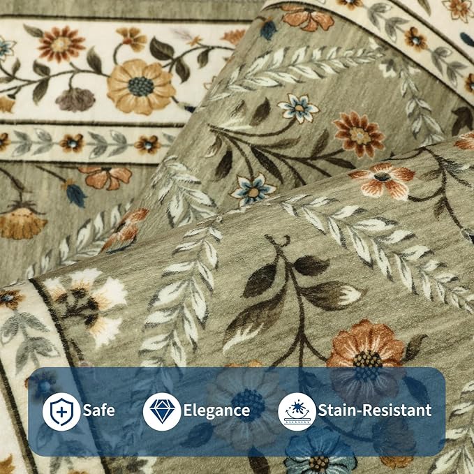 GarveeHome 8x10 Washable Large Living Room Rug Water Resistant Distressed Vintage Floral Rug Non Slip Low Pile Soft for Bedroom Farmhouse Dining Room Kids Playroom Nursery Green
