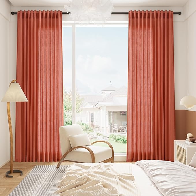 Nanspring Coral Linen Curtains 120 Inches Long 2 Panels Set Back Tab Loop Pocket Light Filtering Semi Sheer Boho Large Window Decor Extra Long Drapes for High Ceiling Living Room 52x120