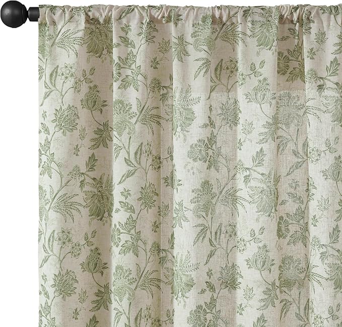 jinchan Linen Floral Curtains for Living Room with Printed Flower 63 Inches Long Light Filtering French Country Back Tab Rod Pocket Sage Green Window Curtain Set Farmhouse Drapes 2 Panels