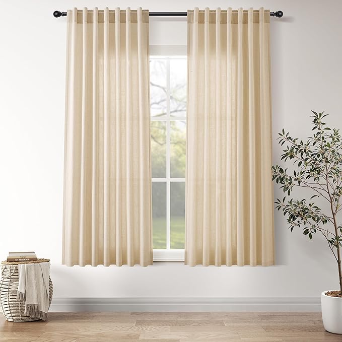 Nanspring Tan Linen Curtains 63 Inches Long for Bedroom Back Tab Light Filtering Privacy Sheer Curtain Modern Farmhouse Coastal Decor Tan Cotton Textured Gauze Drapes for Bathroom 2 Panel Set