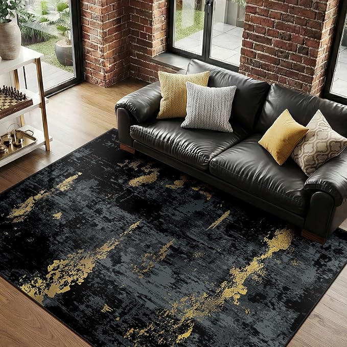 Washable Area Rugs 9'x12' Non-Slip Modern Abstract Soft for Living Room Entryway Bedroom Nursery, Print Pattern, Dark Black Gold