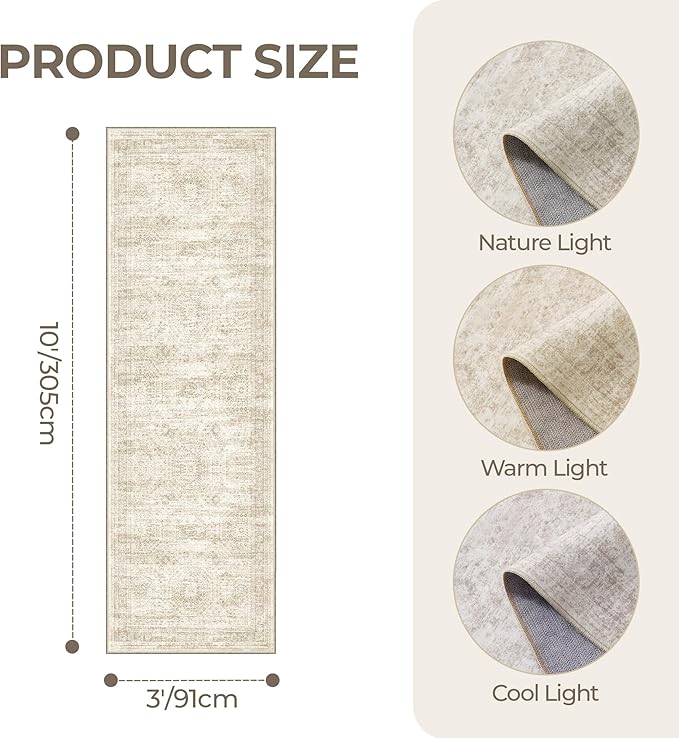 3x10 Runner Rug Non Slip Washable for Entryway, Vintage Hallway Runner for Front Porch, Laundry Room, Bedroom, Abstract Stain Resistant Thin Indoor Kitchen Mats for Floor(3'x10', Beige/Ivory)