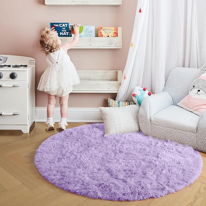 Amdrebio Light Purple Round Circle Rug 5Ft for Girls Bedroom, Fluffy Fuzzy Area Rugs for Kids Room Decor Aesthetic, Cute Furry Shaggy Circular Princess Carpet for Playroom, Baby Nursery, Preppy Dorm