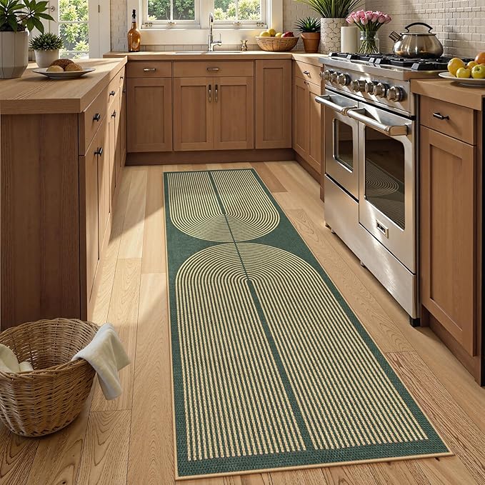 Lahome Enfys Modern Rainbow Easy Jute Kitchen Runner, 2x8 Indoor Outdoor Runner Rug for Hallway Entryway, Farmhouse Dark Green Non Slip Floor Carpet for Bedroom Foyer Laundry Room