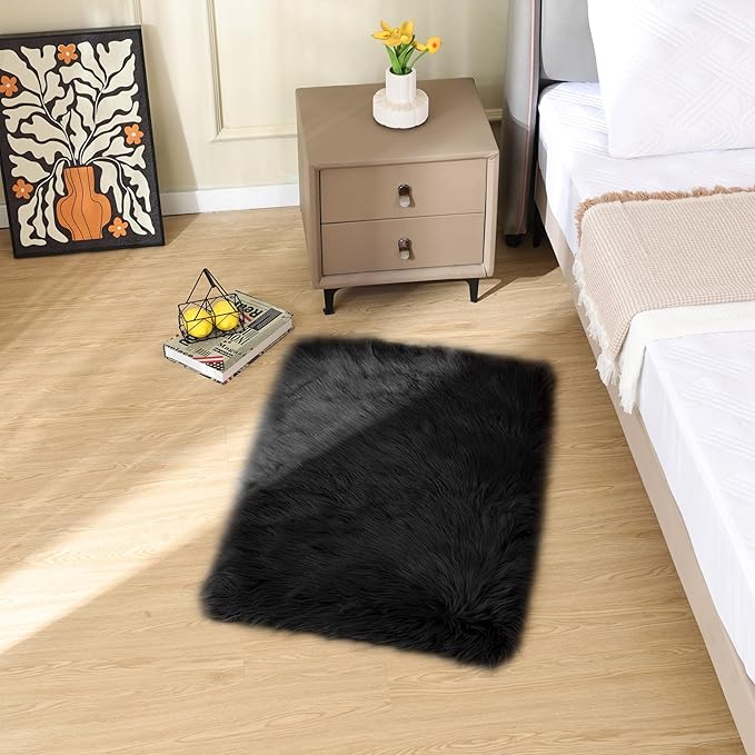 ORINOVA Black Faux Sheepskin Washable Fluffy Fur Area Rugs for Bedroom Small Fuzzy Carpet for Living Room 2x3 Boho Nursery Rug
