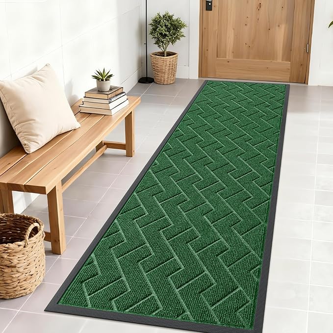 OLANLY Front Door Mat Indoor Outdoor Entrance, Waterproof All-Season, All-Weather Doormat, Sturdy Natural Rubber, Low Profile, Easy Clean Patio Porch Entryway Mat, Herringbone Brick (Green, 71x23)