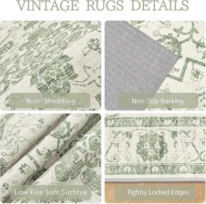 Madane 5x7 Area Rugs for Living Room, Vintage Stain Resistant Area Rug, Floral Print Rug Non-Slip Thin Washable Rugs for Bedroom Dining Room, Green/Ivory