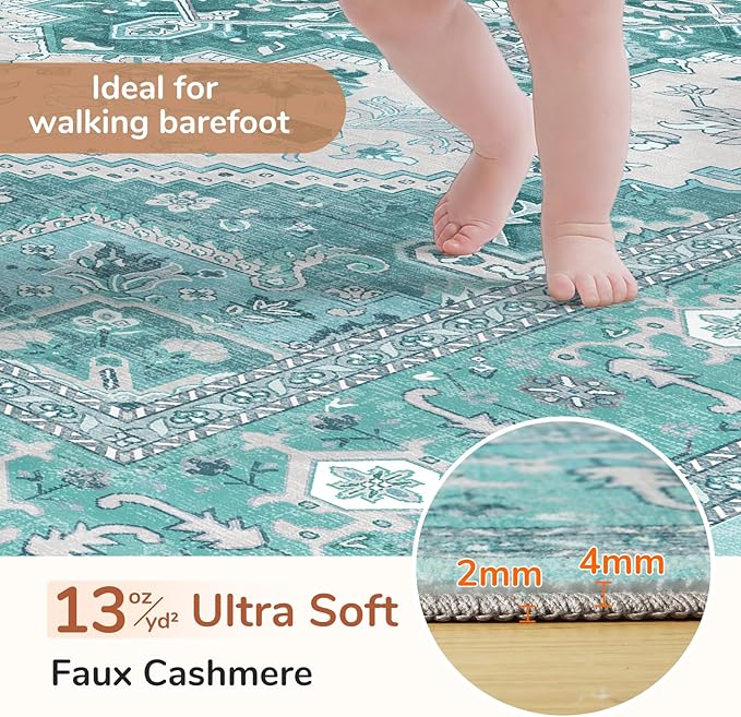 OPPODREAM Soft 6x9 Area Rugs, Washable Rug 6x9 with Non Slip Backing, Faux Cashmere Low-Pile 6 x 9 Carpet, Teal & Turquoise & Cream