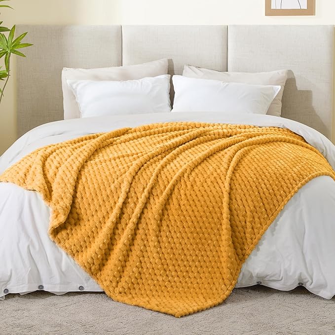 BEDELITE Fleece Blanket - 3D Jacquard Decorative Mustard Yellow Throw Blankets for Couch & Bed, Soft and Cozy Warm Plush Fluffy Blanket All Seasons Suitable, 50x60Inches