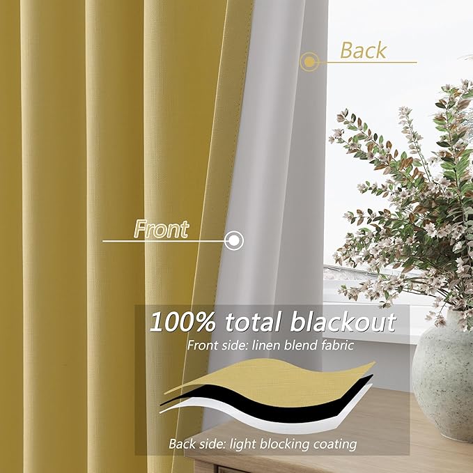 Guken Yellow 100% Blackout Linen Curtains 90 Inch Length 2 Panels Set for Living Room Bedroom Back Tab/Rod Pocket Thermal Insulated Black Out Drapes Room Darkening Farmhouse Window Curtains,52x90