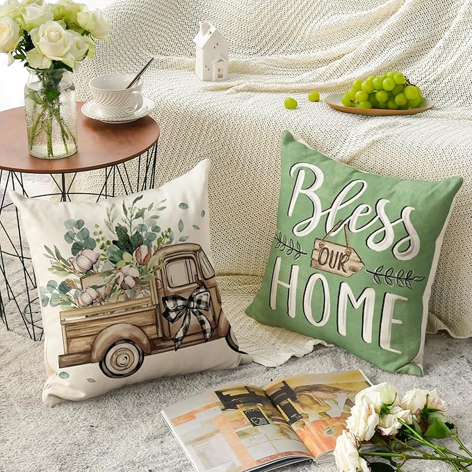 AVOIN colorlife Bless Our Home Farmhouse Eucalyptus Leaves Throw Pillow Covers, 18 x 18 Inch Truck Home Sweet Cushion Case Decorations Set of 4