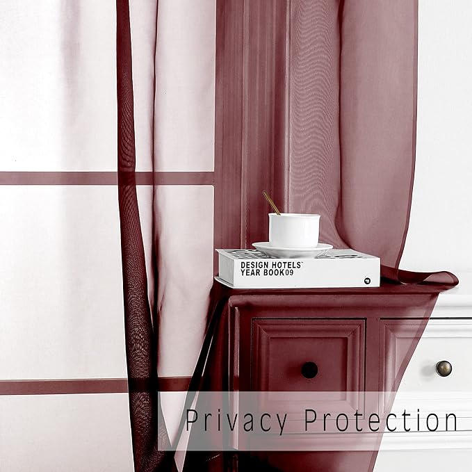 OWENIE Sheer Curtains, Sheer Curtains 63 inch Length 2 Panels Set, Rod Pocket Voile Fimly Sheer Drapes for Living Room/Bedroom, 2pcs, Each 42" W x 63" L, Burgundy