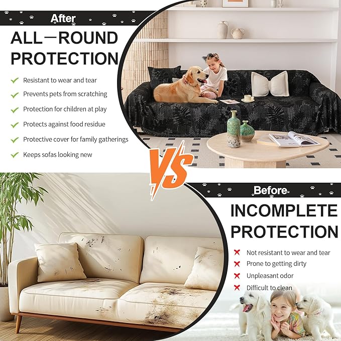 HANDONTIME Washable Couch Covers for Sofa Boho Couch Covers for 3 Cushion Sofa Pet Friendly Black Chenille Jacquard Couch Protector for Dogs Plant Branch Sectional Cover Sofa Slipcovers, 71" X 118"
