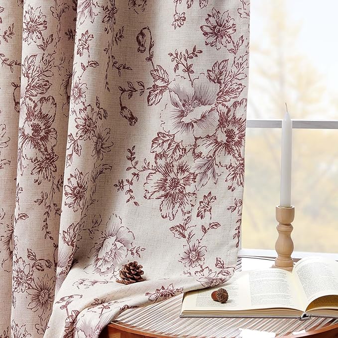 jinchan Blackout Floral Curtains for Living Room Bedroom Linen Blend Curtain Farmhouse Brick Red Printed with Lined Back Tab Rod Pocket Drapes Window Treatments 2 Panels 90 Inch
