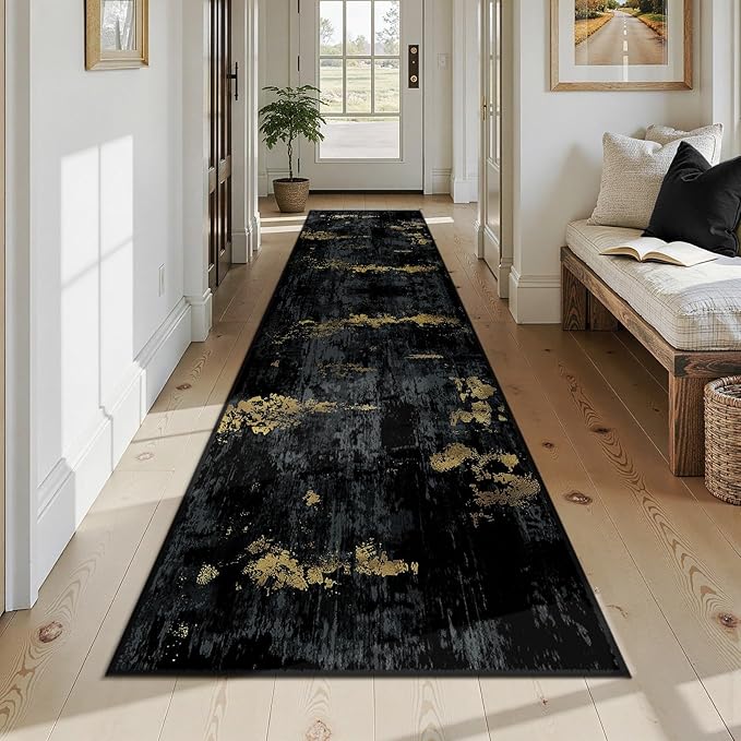 Washable Area Rugs 2'6'' x12 Non-Slip Modern Abstract Soft for Living Room Entryway Bedroom Nursery, Print Pattern, Dark Black Gold