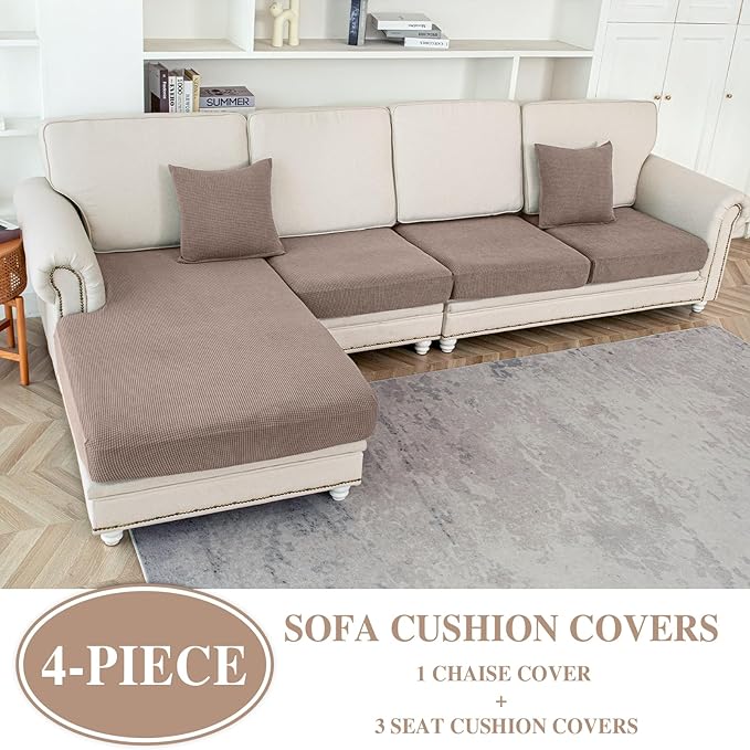 Couch Cushion Covers for Sectional Sofa L Shape Washable Separate Seat Chaise Couch Cover Stretch Sofa Slipcovers with 2 Pcs Pillowcases(3 Seater + 1 Chaise, Khaki)
