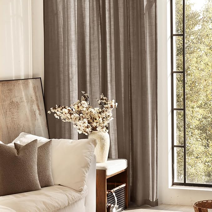 Chocolate Brown Linen Curtain 96 inch Length 2 Panels Set Back Tab Light Filtering Living Room Curtain Drapes Home Office Modern Minimalist Decor Farmhouse Boho Neutral Semi Sheer Curtain 96 inch Long