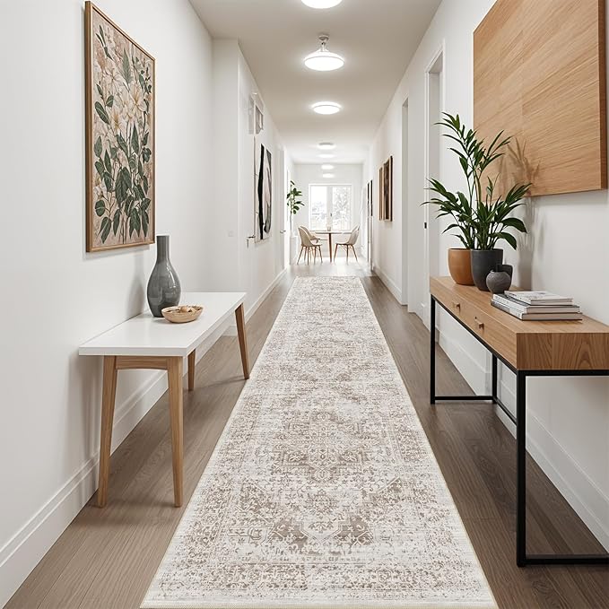 Washable 2'6''x14' Runner Rug - Non-Slip Vintage Runner Rug for Entryway Low-Pile Medallion Long Rugs for Hallway Waterproof Traditional Runner Rugs Indoor Thin Rug for Kitchen (Cream/Beige)