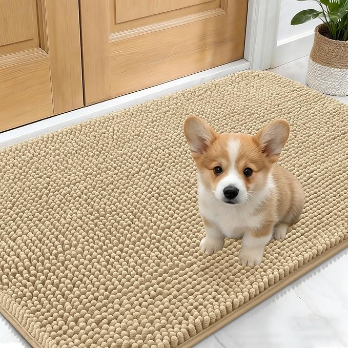 OLANLY Dog Door Mat for Muddy Paws 30x17, Absorbs Moisture and Dirt, Absorbent Non-Slip Washable Doormat, Quick Dry Chenille Mud Mat for Dogs, Entry Indoor Entryway Carpet for Inside Floor, Beige