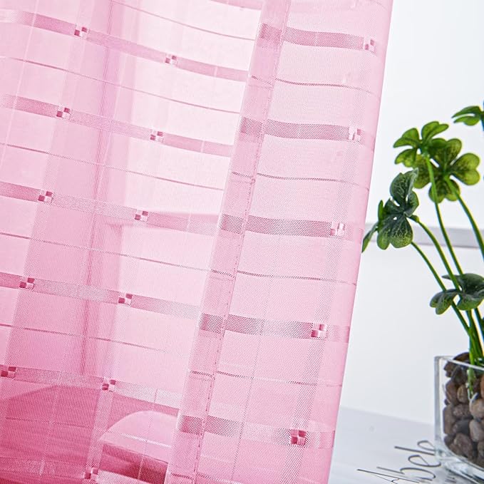 SpaceDresser Check Sheer Curtains 54 Inches 2 Panels Set, Rod Pocket Plaid Window Curtain for Living Room, Pink Semi Sheer Drapes for Kitchen Bedroom Children Room Yard（Pink, 52W x 54L）