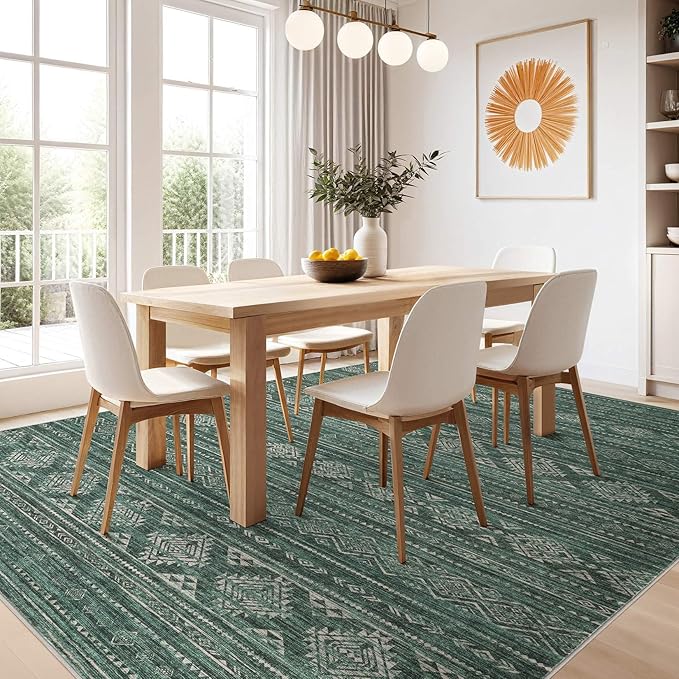 Nakagishi 6x9 Area Rugs Living Room: Washable Boho Large Neutral Soft Farmhouse Rug Stain Resistant Modern Indoor Floor Non-Slip Carpet for Bedroom Nursery Kids Playroom Office Dining Room Dorm- Green