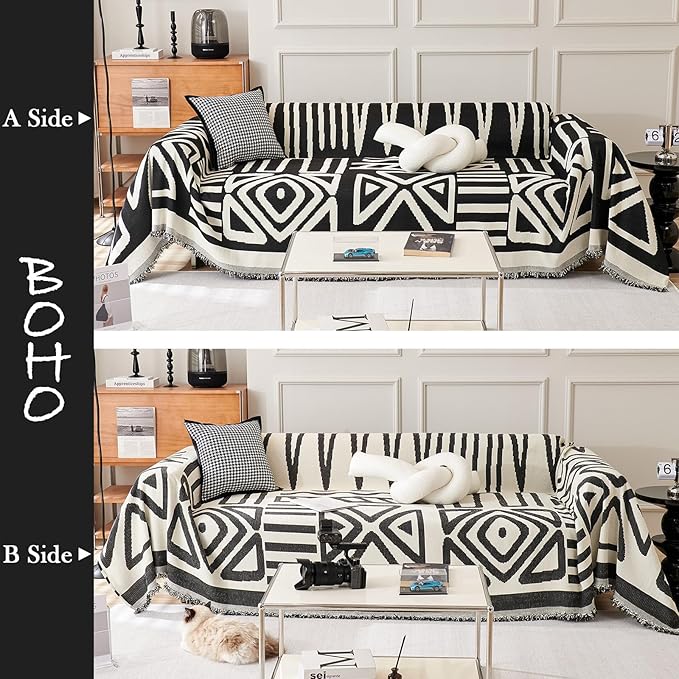 HANDONTIME Boho Sofa Covers for Dogs Black Couch Sofa Covers for 3 Cushion Couch Sofa Beige Chenille Sofa Slipcover Washable Sectional l Shaped Covers Pets Protector Furniture Covers, 71" X150"