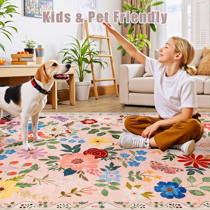 Area Rug Living Room Rugs: Floral 4x6 Washable Rug Vintage Soft Boho Non-Slip Carpet Indoor Floor Stain Resistant Large Carpets for Bedroom Dining Room Farmhouse Nursery Hallway Home Office Beige
