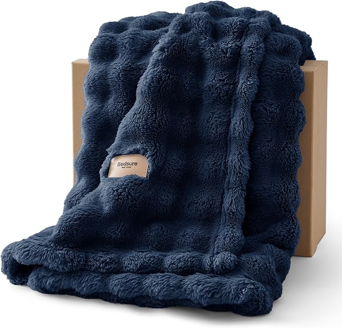 Bedsure 3D Fleece Bubble Blanket for Couch - GentleSoft Blue Throw Blanket for Sofa Bed Room Decor - Luxury Soft Cozy Gifts for Kids Girls, Lightweight, All Seasons, Navy Blue, 50"×60"