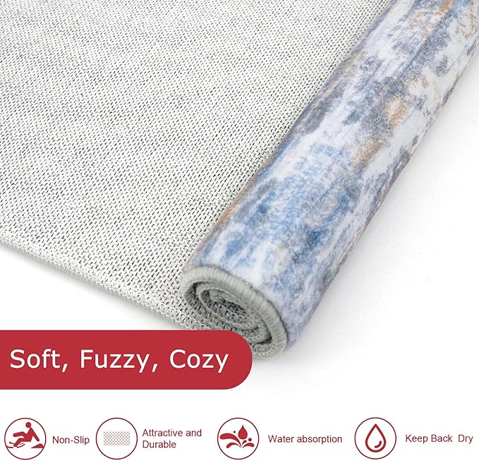 KOZYFLY Modern Abstract Hallway Runner, 2x10 Washable Rug Runner Non-Slip Soft Striped Kitchen Runner Rug, Blue Rust Print Carpet for Entryway Bathroom Laundry Room Foyer