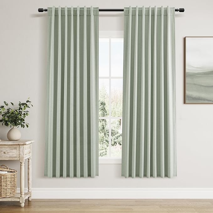 Guken 100% Blackout Curtains 72 Inch Length 2 Panels Set for Living Room Bedroom Back Tab Thermal Insulated Black Out Linen Drapes Room Darkening Window Curtains 72 Inches Long,Mist Sage