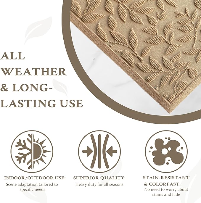 Beige Leaves Outdoor Indoor Entrance Doormats, Absorbent Durable Heavy Duty Welcome Front Door Mat,Thick Natural Rubber Back,Easy Clean Entryway Mat 23x35 Inch, Low Profile