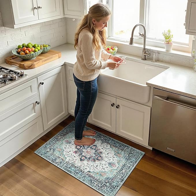 Area Rugs 2'x3' Kitchen Rugs Entry Rug Small Rugs for Entryway Kitchen Bathroom Door Mat Indoor Entrance,Washable Non Slip, Green Navy Blue White Red Teal Colorful