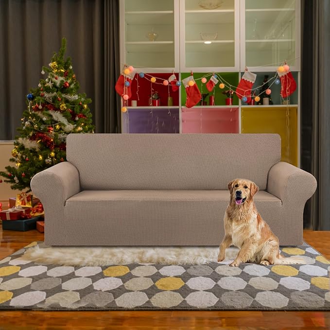 KEKUOU Stretch Sofa Cover Slipcover ，Couch Covers for 3 Cushion Couch Sofa pet Friendly (78"-94") Furniture Protector Sofa with Elastic Bottom for Kids,Dog, Jacquard Small Checked(Large,Camel)
