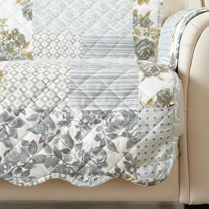 Great Bay Home Reversible Patchwork Recliner Cover - Washable Slipcover Furniture Protector with Elastic Straps - Perfect for Kids & Pets - Box-Stitched Detail (Grey)