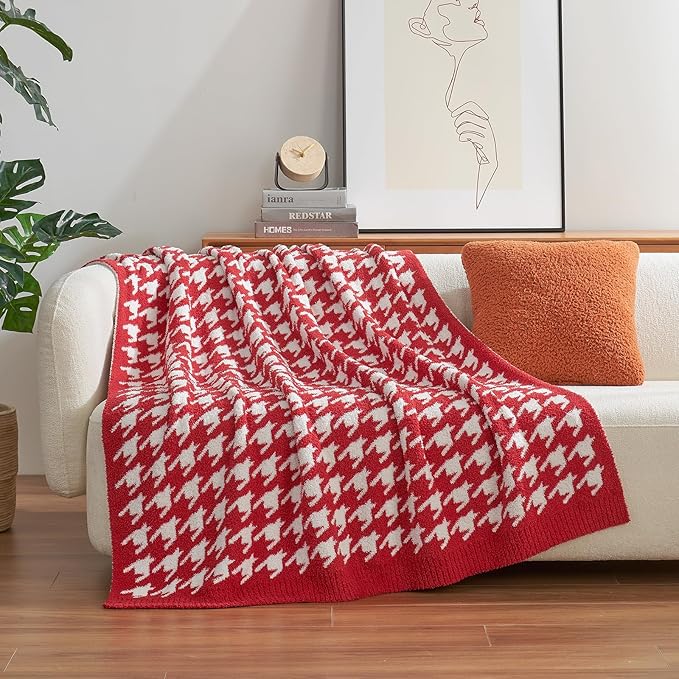 Snuggle Sac Ultra Soft Throw Blanket for Couch, Cozy Knitted Blankets, Fuzzy Knit Throws for Sofa, Bed, Home Decor, Houndstooth Red 50"x60"
