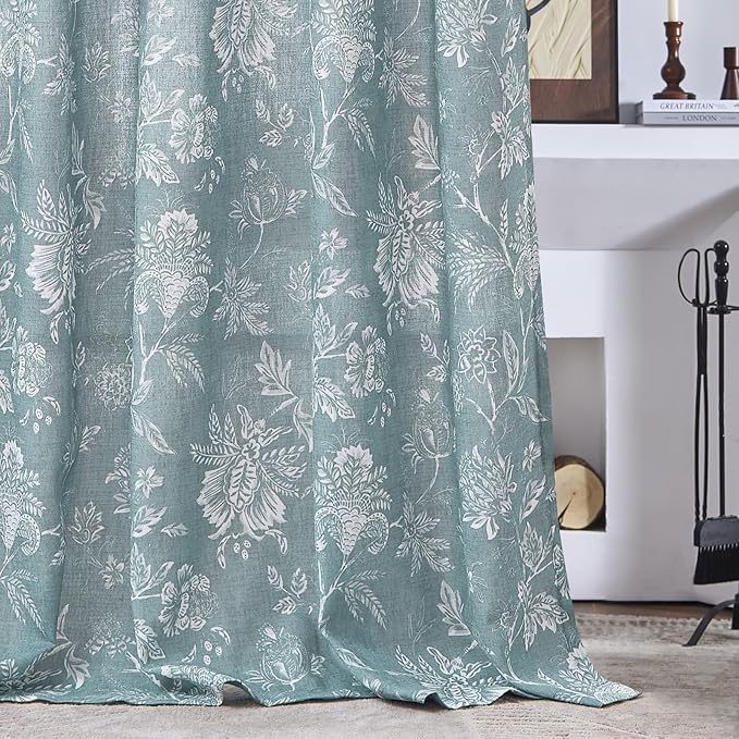 jinchan Linen Floral Curtains for Living Room, 96 Inch Length Curtains with Printed Flower Light Filtering Curtain, Rod Pocket Back Tab Blue Window Treatment Set Bedroom Curtain, 2 Panels Blue
